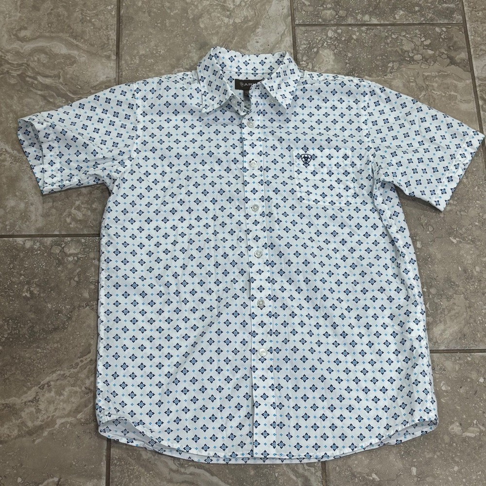 Ariat Boys Perseus CAV Short Sleeve Button Down Shirt Blue White XL 18 10042695